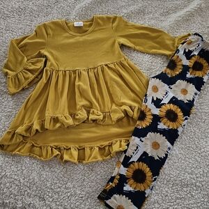 Kids Mustard Yellow Ruffle Top and Floral Leggings Set